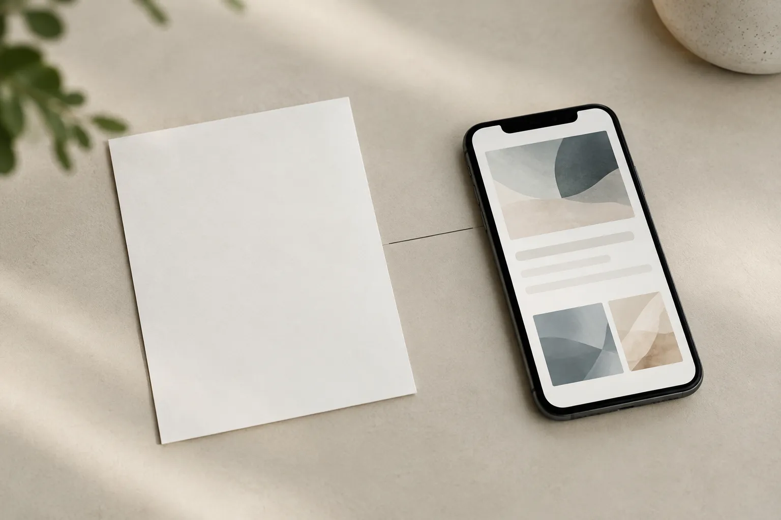 Une carte vierge est posée à côté d’un smartphone affichant des formes abstraites et des champs de formulaire, reliés par une fine ligne