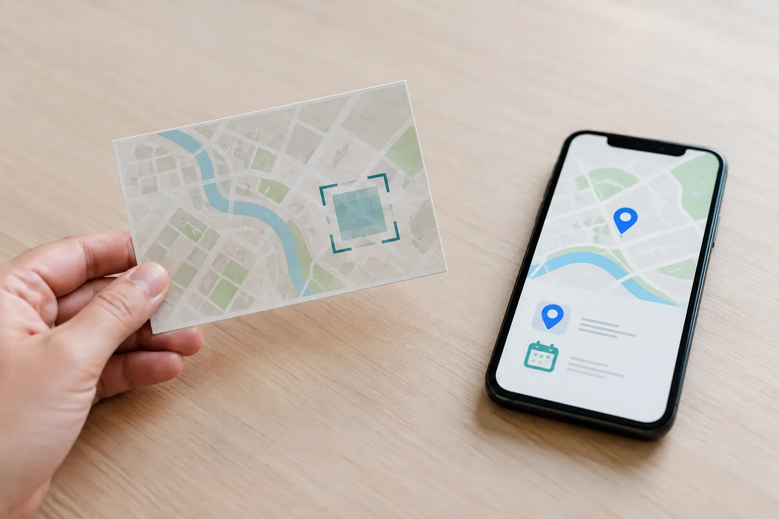 Une main tient un plan papier avec une zone à scanner à côté d’un téléphone affichant des icônes de localisation et de calendrier