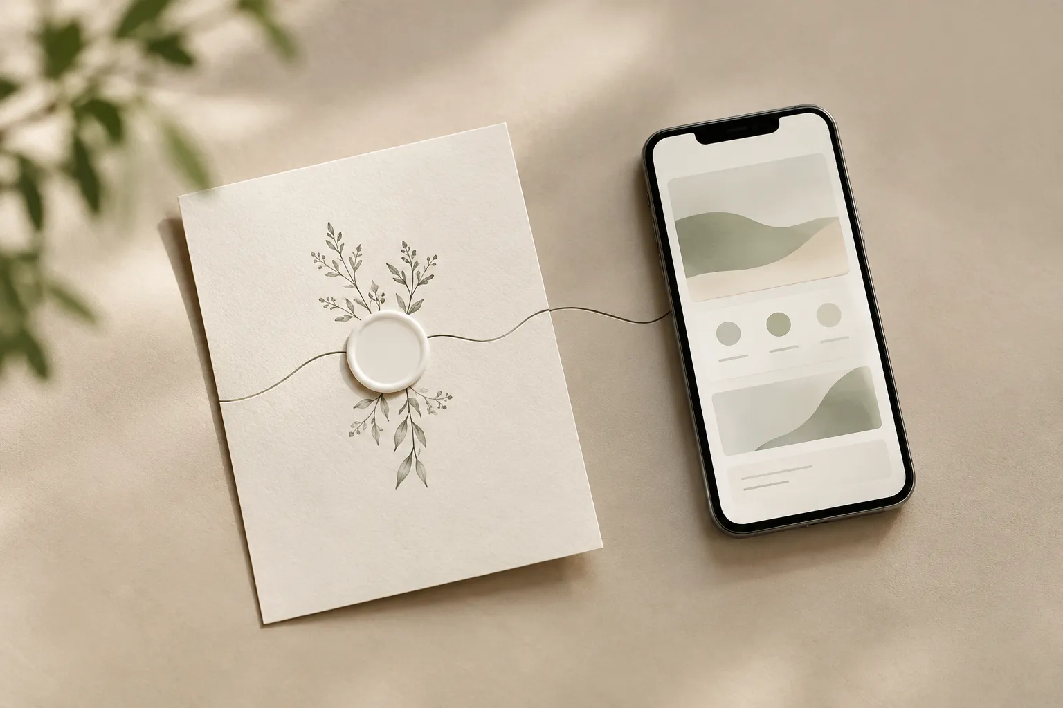 Un faire-part de mariage orné de petites branches et d’un sceau vierge est posé à côté d’un téléphone affichant des formes abstraites, reliés par une fine ligne