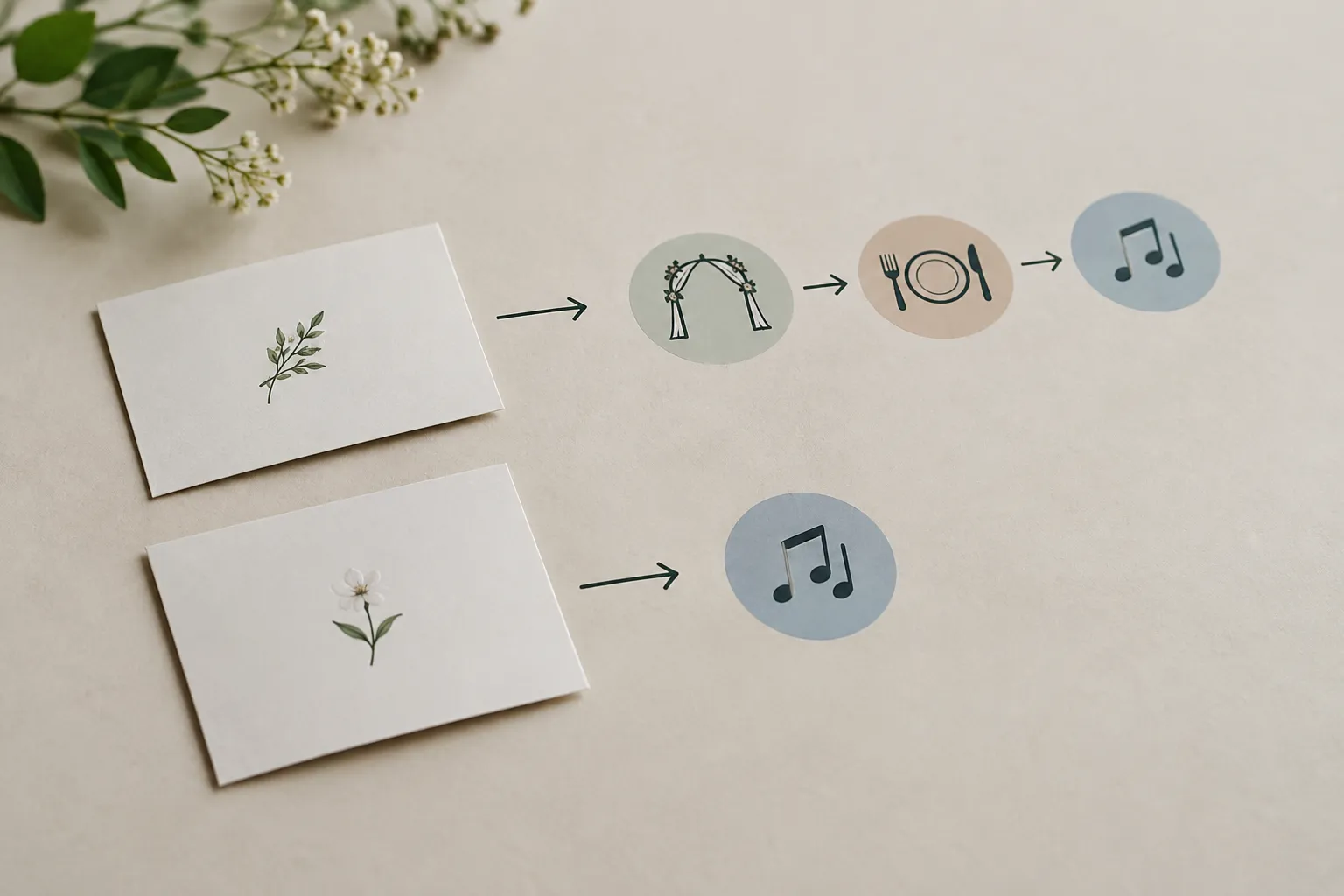 Deux cartes à motifs floraux sont reliées par des flèches à des icônes représentant la cérémonie, le dîner et la musique, ou uniquement la musique
