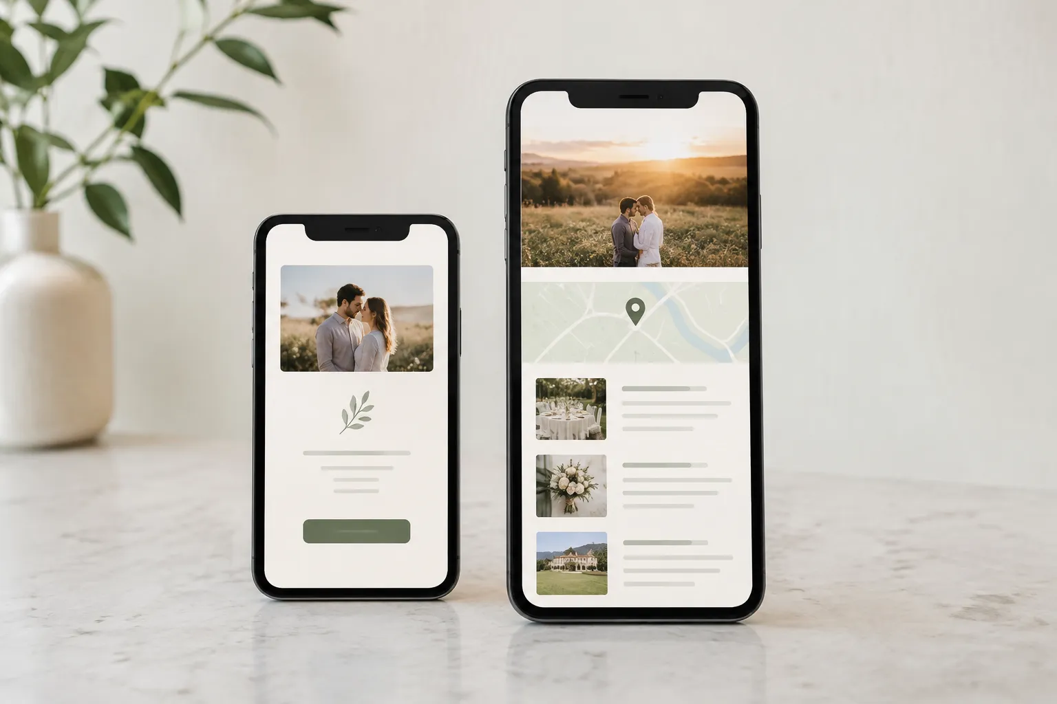 Deux smartphones affichent une invitation courte et une page de mariage plus détaillée avec des photos, une carte et des blocs d’information