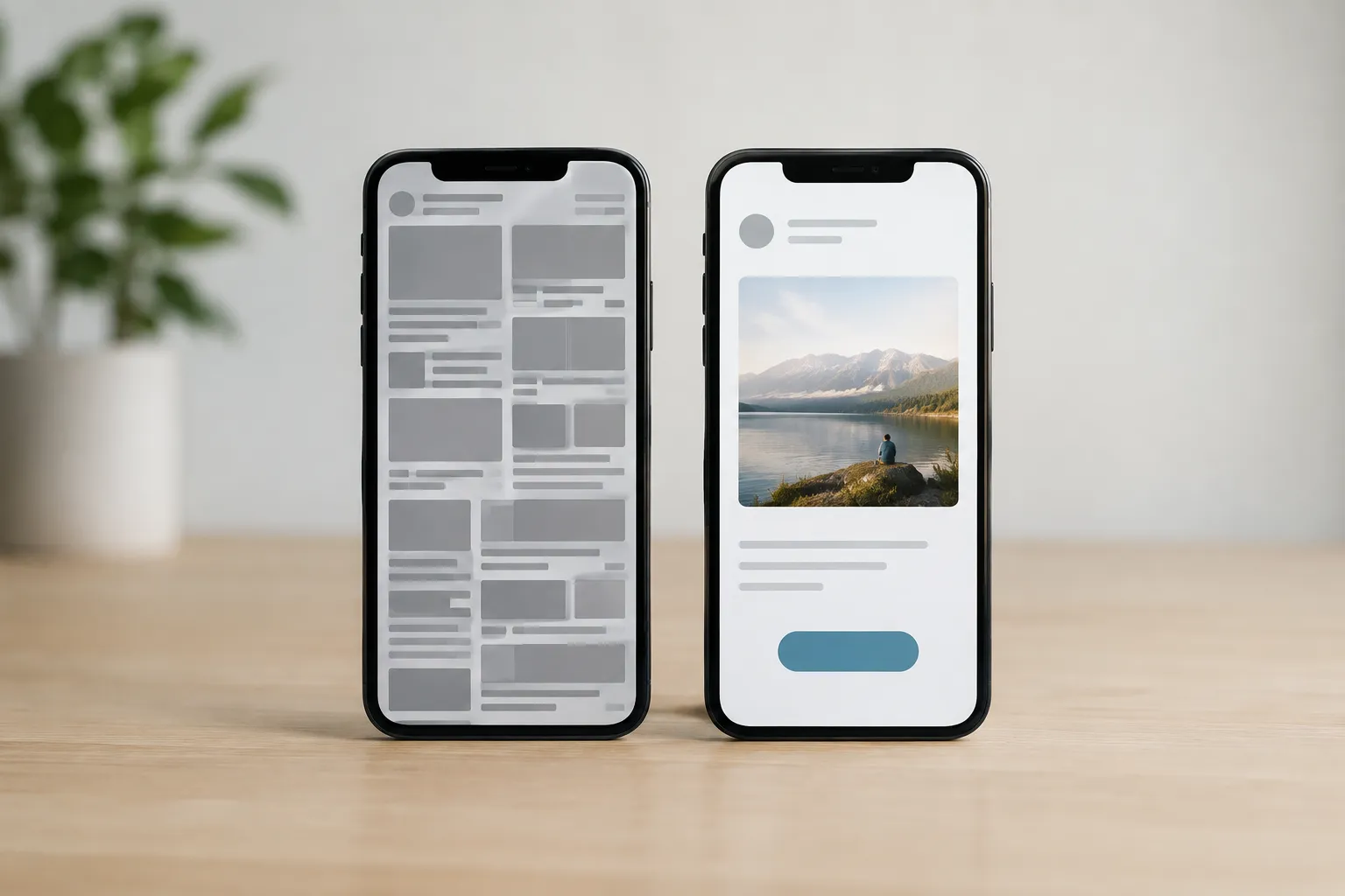 Deux smartphones affichent à gauche une mise en page chargée et à droite de nombreux espaces blancs, une photo de paysage et un bouton bleu